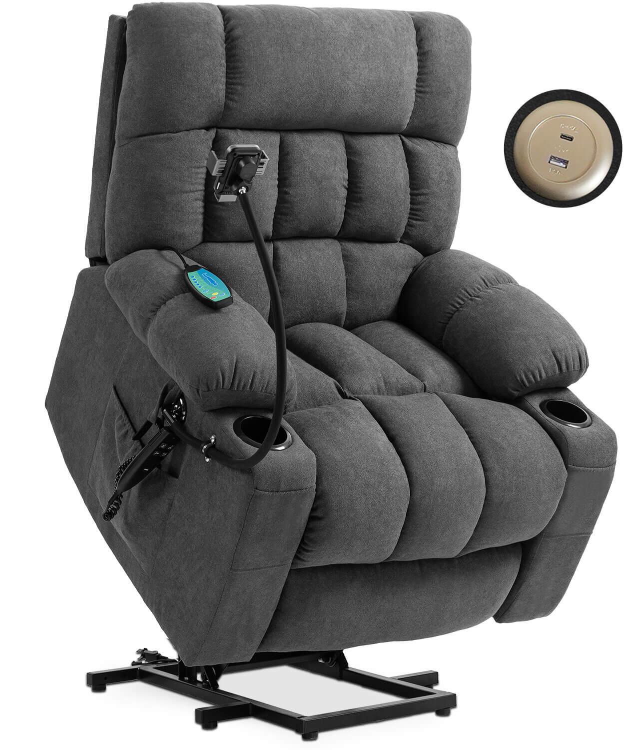 Fabric Dual Motor Massage and Heated Lift Recliner with Cup Holder, Wireless Charging and USB Port | Infinite Position Recliner (Brown/Gray) - Gardenjoy