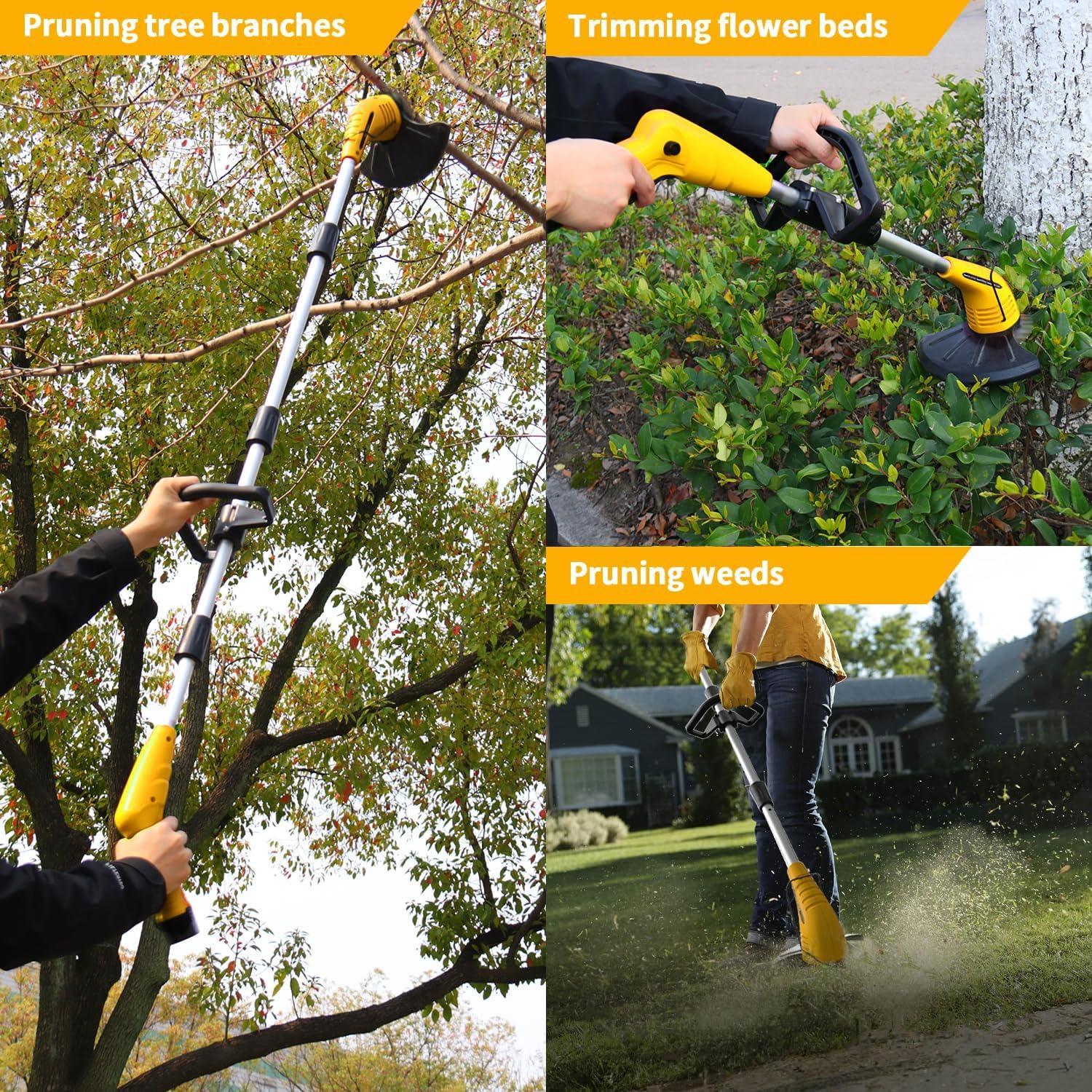 12V Cordless Grass Trimmer with 2.0Ah Batteries, Fast Charger and 2 Types Cutting Blades - Yellow - Gardenjoy