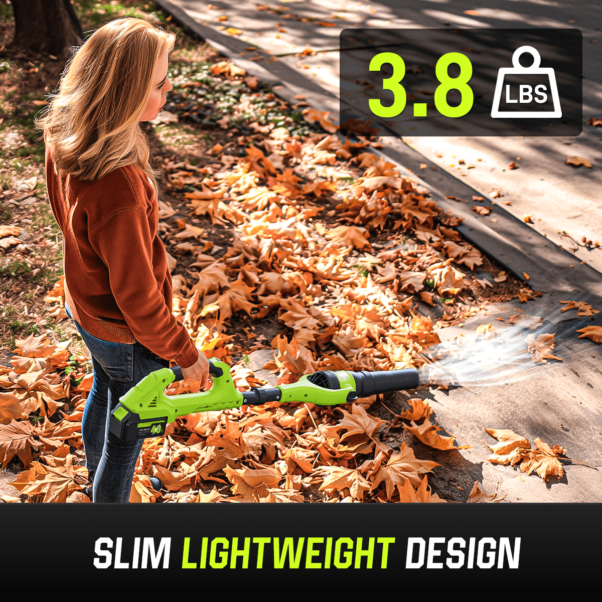 GardenJoy 40V Cordless Leaf Blower, 580 CFM 180 MPH, Brushless Motor, 2x2.0Ah Batteries & Charger, with Gutter Cleaning Extension - Green - Gardenjoy