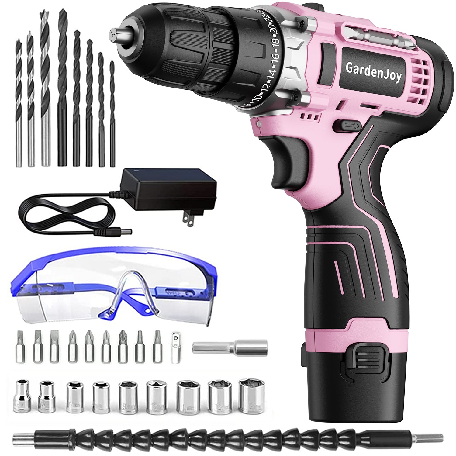 GardenJoy 12V Cordless Drill Set with 1 Battery, Fast Charger ,Built-in LED Light and Multiple Drill Bits|for Home Renovation