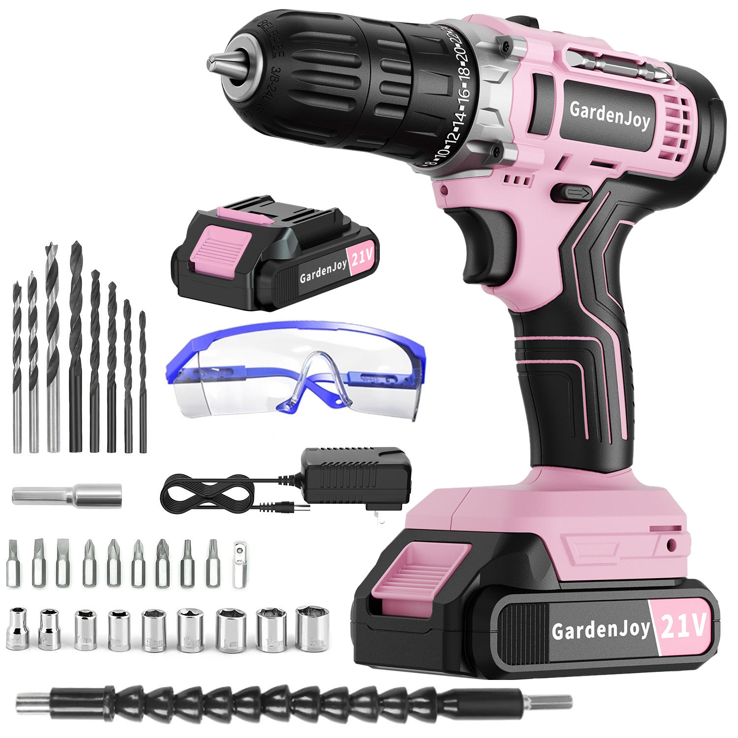 GardenJoy 21V Cordless Drill Set, with 3/8-Inch Keyless Chuck, Built-in LED Light, 30 Pieces of Accessories, 24+1 Torque Settings,for Home Renovation