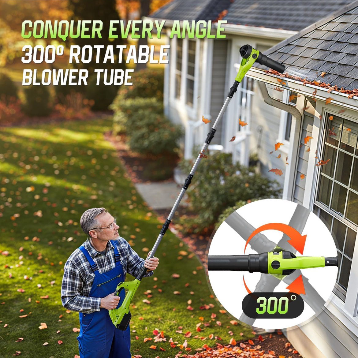 GardenJoy 40V Cordless Leaf Blower, 580 CFM 180 MPH, Brushless Motor, 2x2.0Ah Batteries & Charger, with Gutter Cleaning Extension - Green