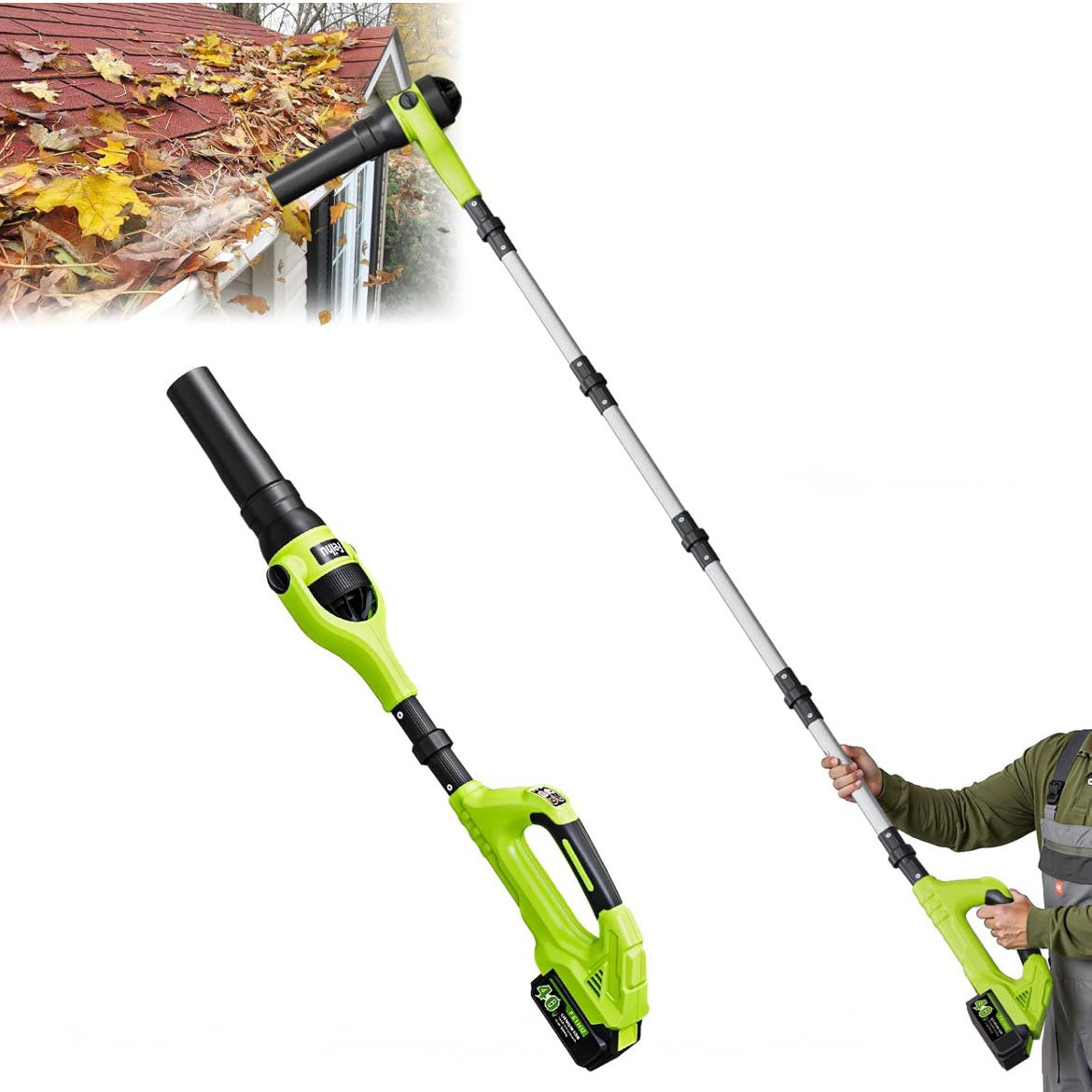 GardenJoy 40V Cordless Leaf Blower, 580 CFM 180 MPH, Brushless Motor, 2x2.0Ah Batteries & Charger, with Gutter Cleaning Extension - Green