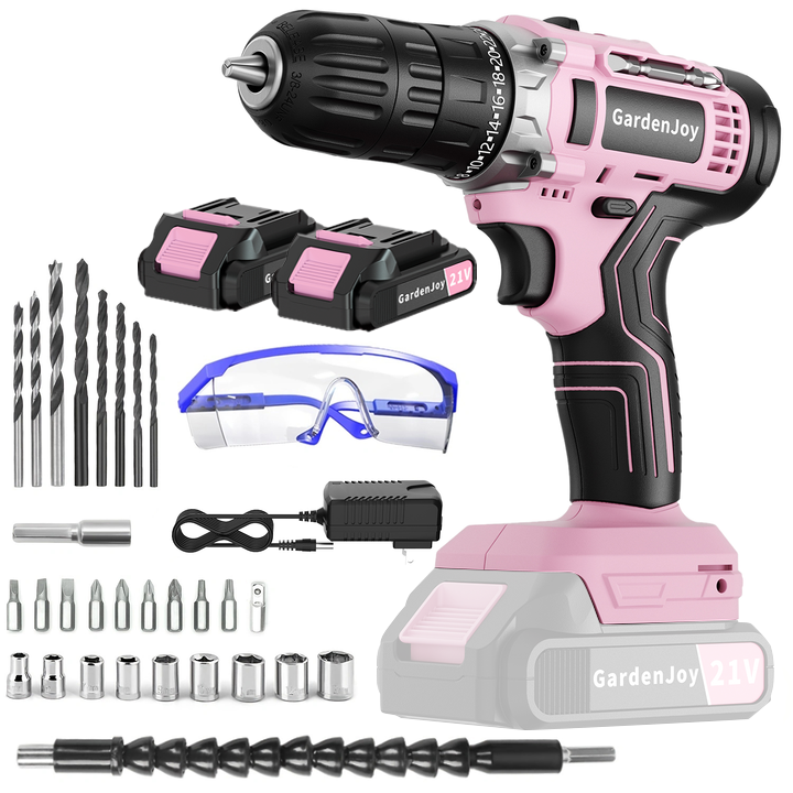 GardenJoy 21V Cordless Drill Set, with 3/8-Inch Keyless Chuck, Built-in LED Light, 30 Pieces of Accessories, 24+1 Torque Settings,for Home Renovation