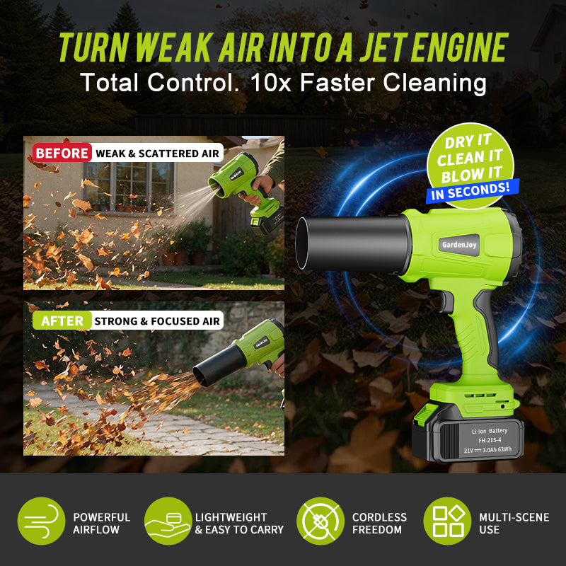 Gardenjoy Turbo Jet Blower Cordless Leaf Blower with Charger and Earplugs, Brushless Pure Copper Motor, Violent Turbo Fan for Car Drying After Wash, Snow Removal, Dust Cleaning, Garden Maintenance