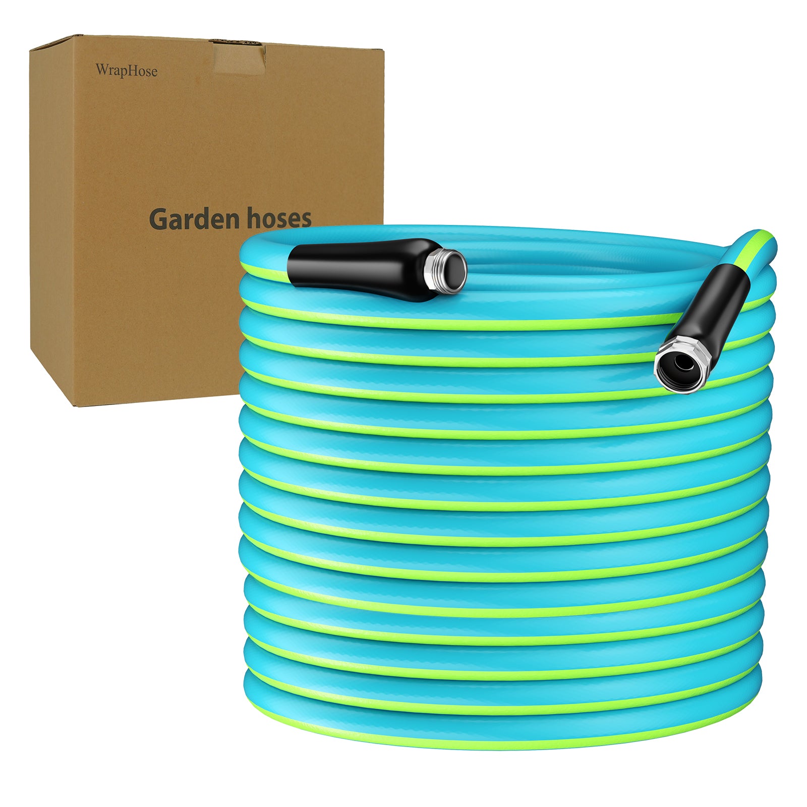 WrapHose Garden hoses with brass fittings, all-weather suitable, tangle-free, and lightweight