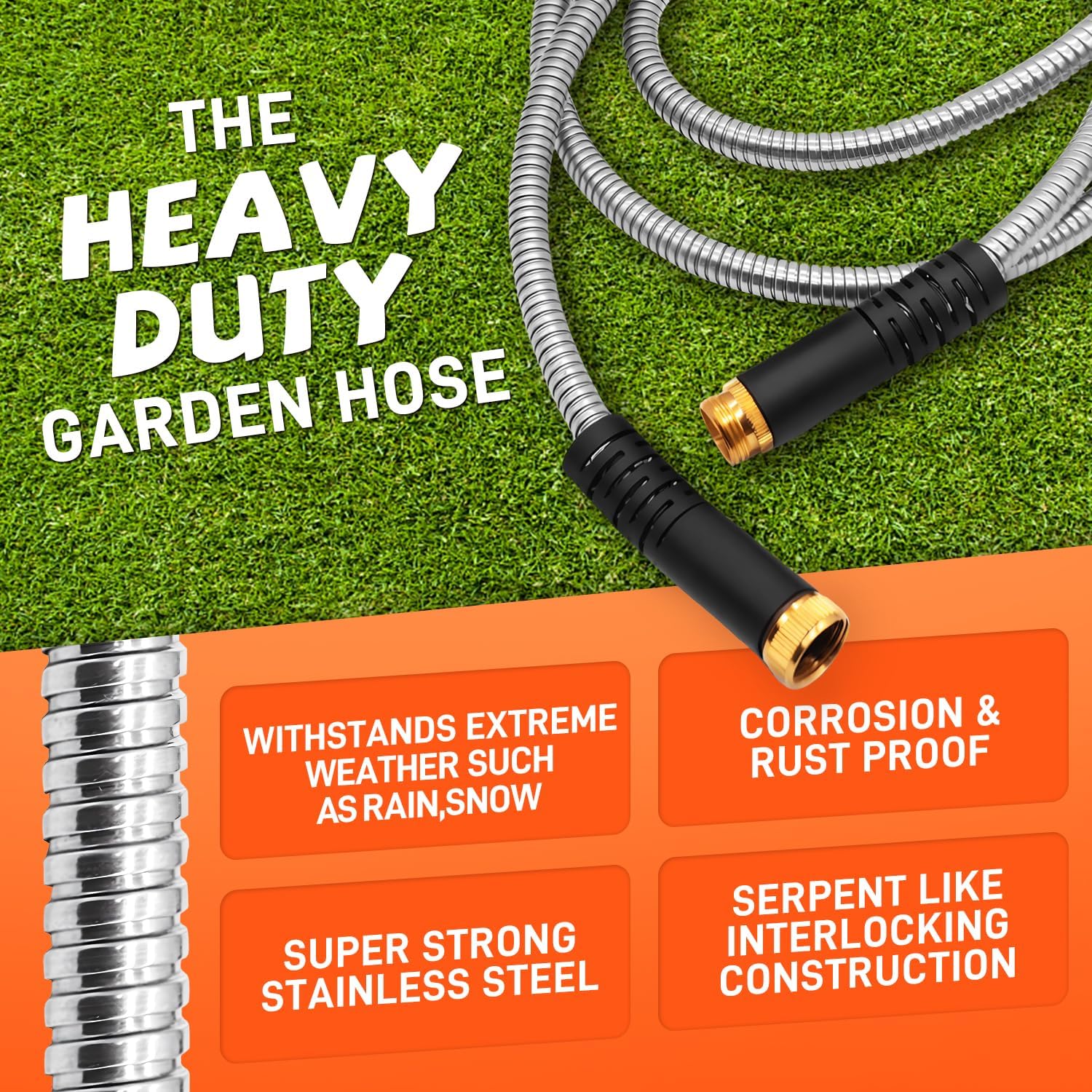 Garden Hose 100FT Stainless Steel Water Hose with 10 Functions Adjustable Spray Nozzle, Heavy-Duty Metal Garden Hose Flexible Durable No-Tangle & Kink Leak Dog Proof Hose for Yard Lawn(Orange)