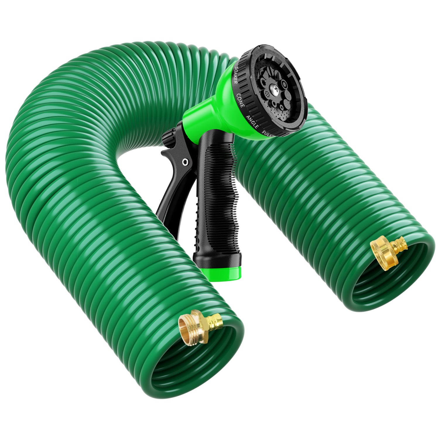 EVA Material Spiral Hose 25/50FT with Brass Connectors, Lightweight and Tangle-free, Equipped with Nozzle Offering 10 Spray Patterns|for Outdoor Lawn Watering and Car Washing