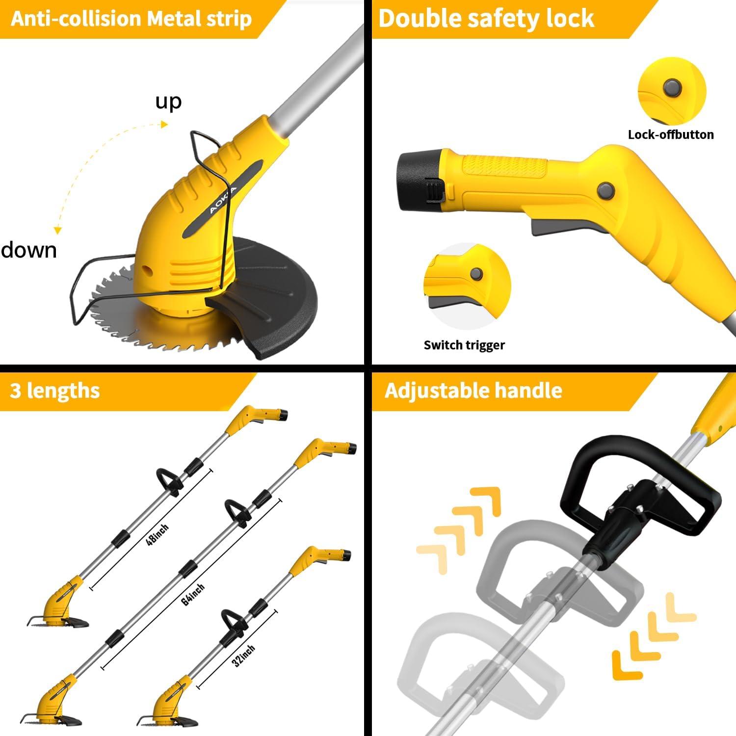 12V Cordless Grass Trimmer with 2.0Ah Batteries, Fast Charger and 3 Types Cutting Blades - Yellow