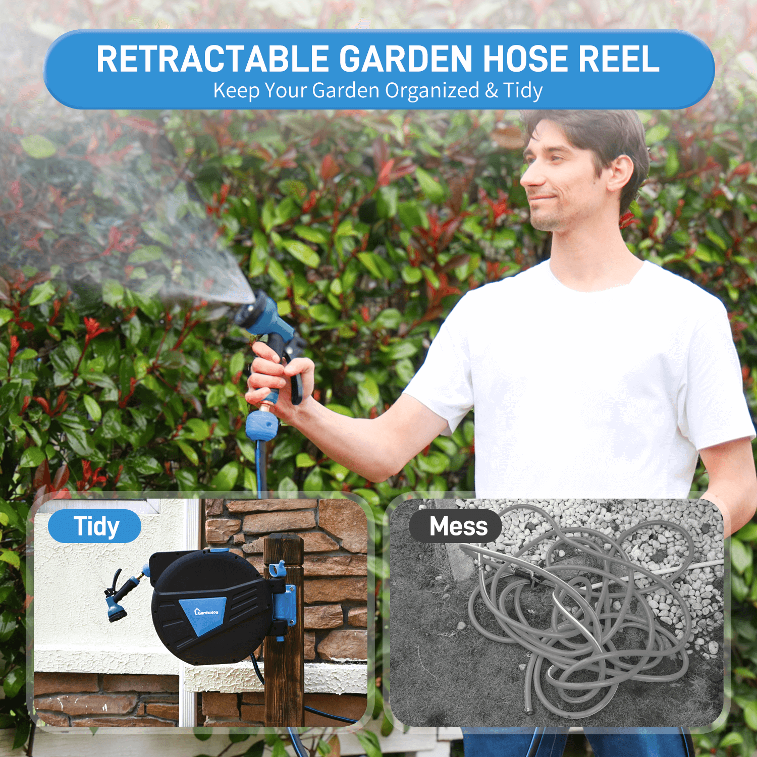 GardenJoy Retractable Garden Hose Reel-1/2in-100ft-Blue