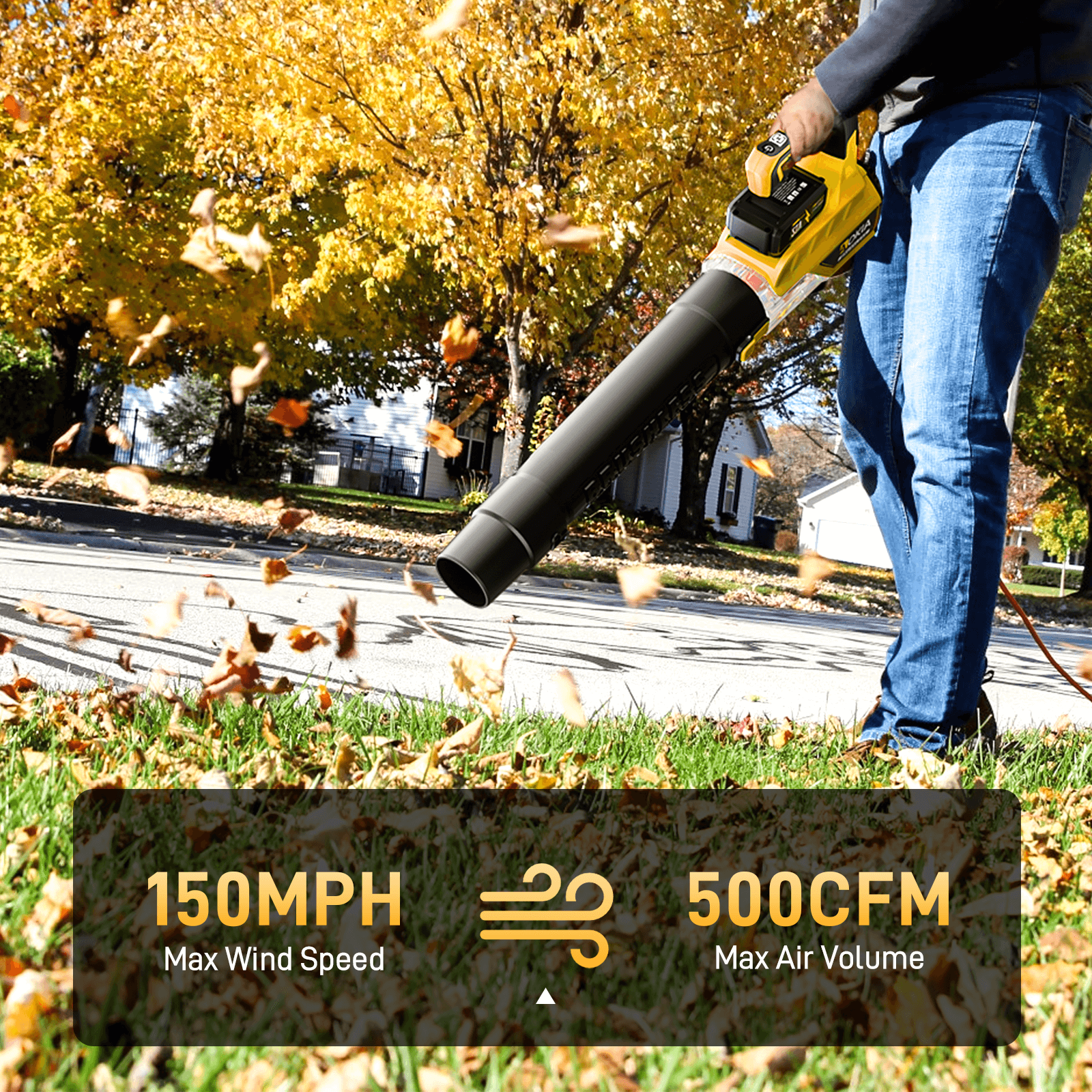 Leaf Blower Cordless-Electric Cordless Leaf Blower 21V with 2×3.0Ah Batteries, 150MPH 500CFM High Speed Leaf Cleaner for Patio, Garden, House, Depot, Yellow/Green