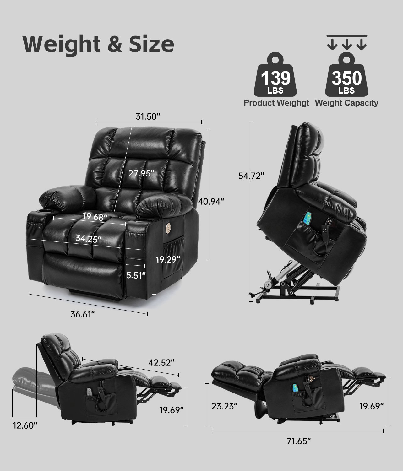 Leather Dual Motor Massage and Heat Power Lift Recliner Chair for Elderly with Cupholder and USB Ports | Infinite Position Reclining Chair  (Brown/Black)