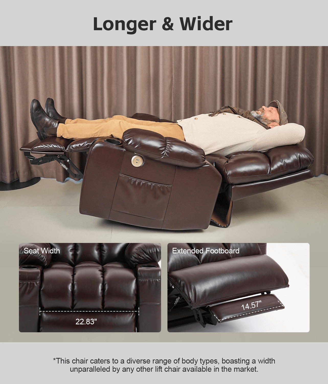 Leather Dual Motor Massage and Heat Power Lift Recliner Chair for Elderly with Cupholder and USB Ports | Infinite Position Reclining Chair  (Brown/Black)