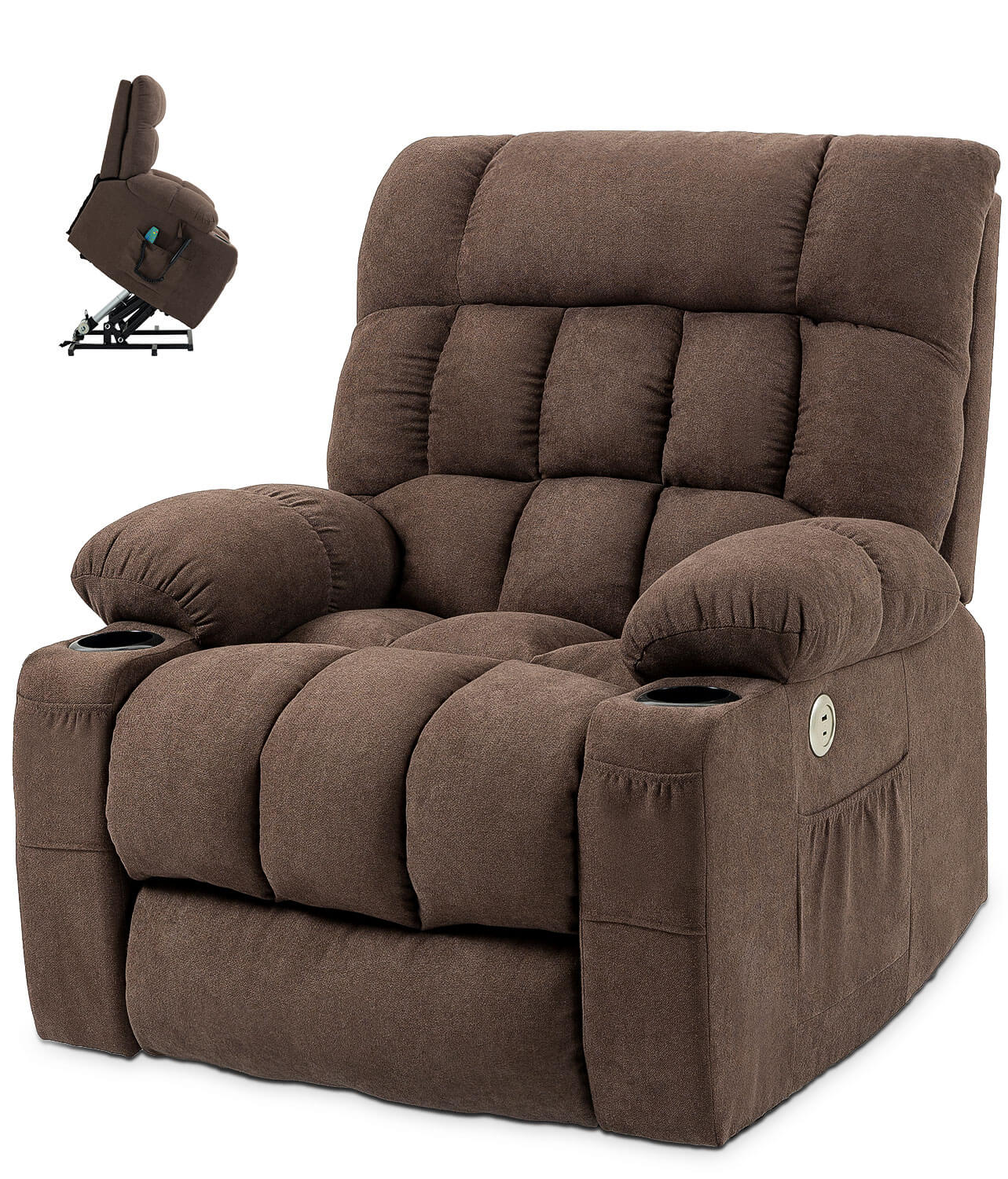 Fabric Dual Motor Massage and Heated Lift Recliner with Cup Holder and USB Port | Infinite Position Recliner (Brown/Gray)