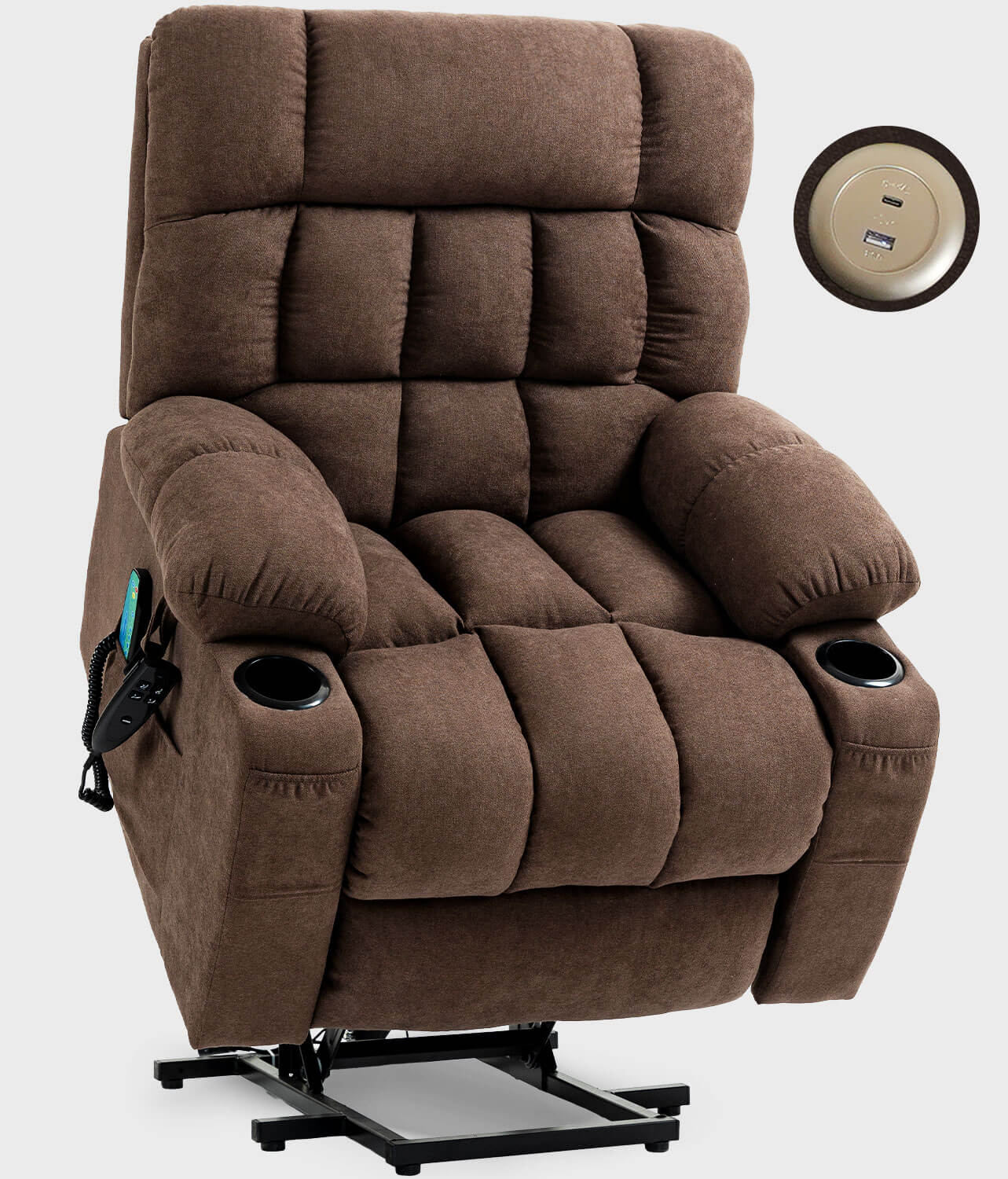 Fabric Dual Motor Massage and Heated Lift Recliner with Cup Holder and USB Port | Infinite Position Recliner (Brown/Gray)