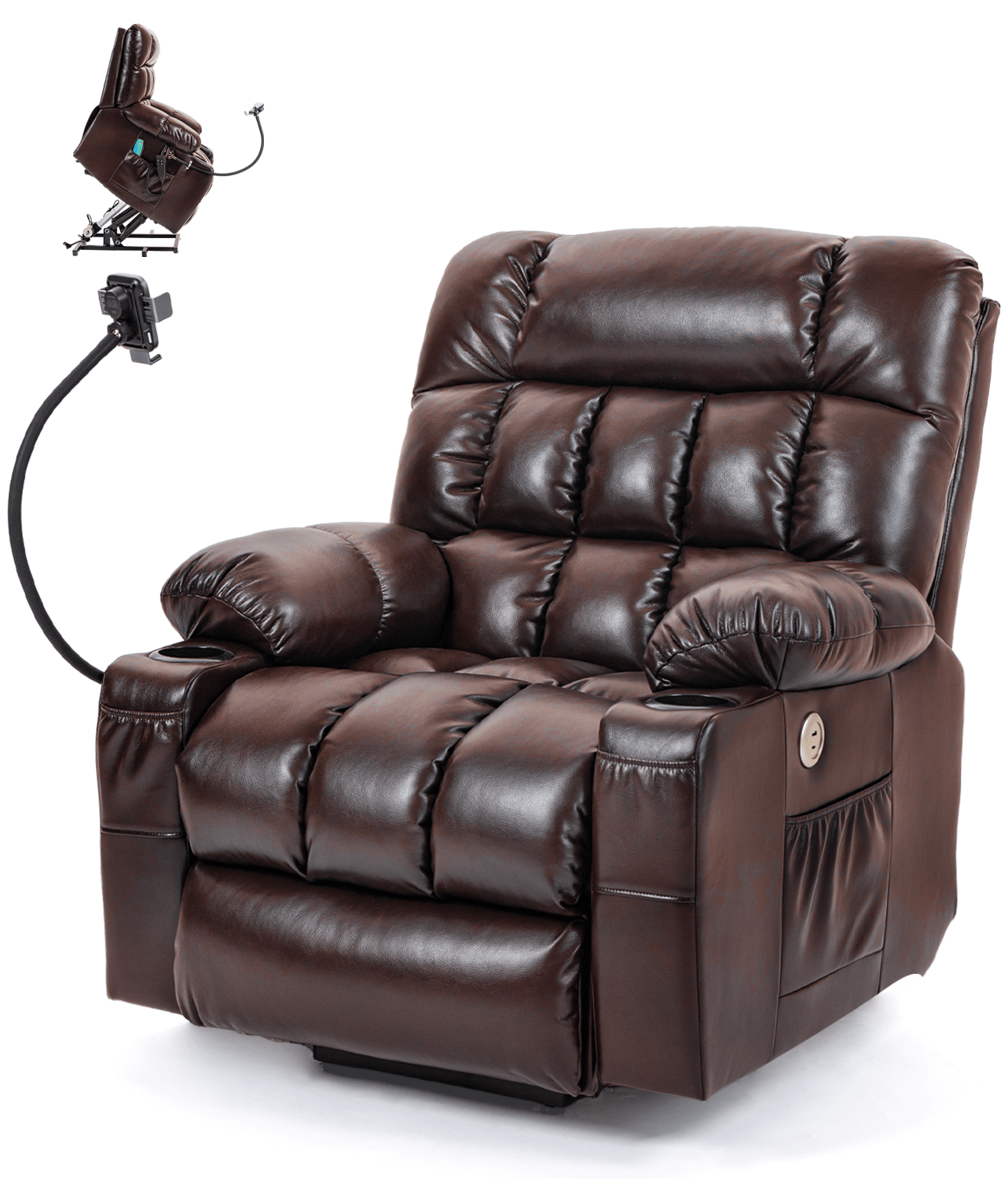 Leather Dual Motor Massage and Heat Power Lift Recliner Chair for Elderly with Cupholder, Wireless Charging, and USB Ports | Infinite Position Reclining Chair (Brown/Black)