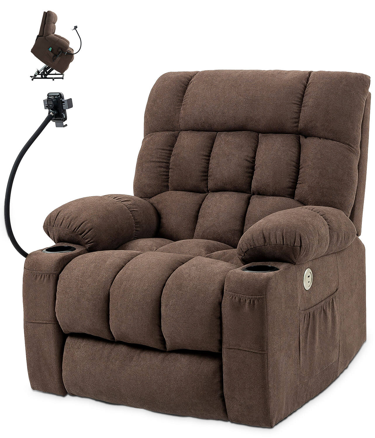 Fabric Dual Motor Massage and Heated Lift Recliner with Cup Holder, Wireless Charging and USB Port | Infinite Position Recliner (Brown/Gray)