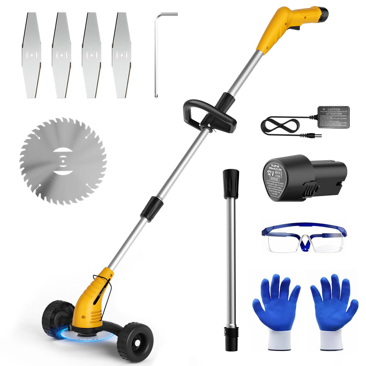 Gardenjoy 12V Lightweight Cordless Grass Trimmer with Wheel, Fast Charger and  2*2.0Ah Batteries |for Yard, Garden, Hedge